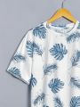 SHEIN Teen Boy's Casual & Sporty Plant And Leaves Printed Crew Neck Knit Short Sleeve T-Shirt And Woven Shorts Set