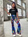 SHEIN Kids Cooltwn Tween Girls' Casual Knitted Graffiti Print High Waisted Flare Pants For Spring/Summer