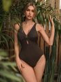 SHEIN Leisure Ladies' Monochrome Textured Hollow Out One-Piece Swimsuit