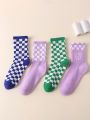 4pairs/set Women's Plaid Pattern Fashionable Mid-calf Socks