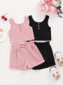 SHEIN Baby Girl'S Casual Solid Knit Vest Top And Elastic Waist Shorts 4pcs Set