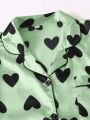 Plus Allover Heart Print Satin Pajama Set