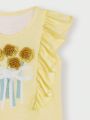 SHEIN Kids SUNSHNE Young Girl's Yellow 3d Flower Bouquet Weaved Ribbon Mesh Splicing Ruffle Hem T-Shirt