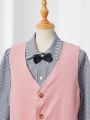 SHEIN Kids FANZEY Teenage Boys' Slim Fit Elegant Striped Stand Collar Shirt, Vest And Pants Formal Suit Set