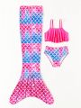 Young Girl'S Ruffle Trimmed Cami Top And Fish Pattern Bikini Set With Triangle Bottoms Plus Mermaid Tail Skirt