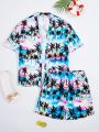 SHEIN Teen Boys' Hawaiian Style Palm Tree Print Woven Swimwear Set With Short Sleeve Shirt And Shorts