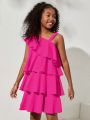 SHEIN Kids Cooltwn Tween Girls' Everyday Casual Solid Color Asymmetrical Collar Ruffle Trim Woven Dress