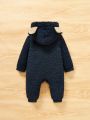 SHEIN Newborn Baby Boy Cartoon Embroidery 3D Ears Design Hooded Fleece Sleep Jumpsuit