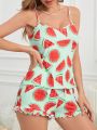 Women's Watermelon Print Camisole Tank Top And Shorts Pajama Set