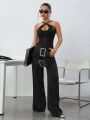 SHEIN ICON Slim-Fit 2 In 1 Cross Strap Mesh Stitching Bodysuit