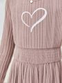 SHEIN Kids Cooltwn Girls' Fashionable Knit Solid Color Round Neck Long Sleeve Dress, Perfect For Hangouts