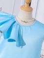 SHEIN Kids EVRYDAY Tween Girls' Asymmetric Sleeve Ruffle Hem Casual Solid Color Dress