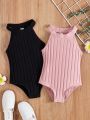 SHEIN Young Girl Knitted Solid Color Halter Neck Bodysuit Set