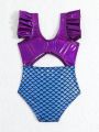Baby Girl's One-Piece Swimsuit With Color-Blocking Mermaid Scale & Hollow Out Design
