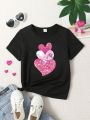Young Girl Pink Love Heart Pattern Short Sleeve T-Shirt With Round Neck