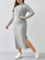 SHEIN Frenchy Plus Size Women's Hooded Side Split Hem Sweater Dress
