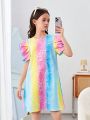 SHEIN Kids Cooltwn Tween Girl's Everyday Casual Knit Heart Print Short Sleeve Dress With Round Neckline, Spring/Summer