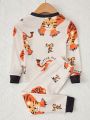 Young Boys' Cute & Vivid Little Tiger Printed Long Sleeve Top And Pants 2-Piece Set, Tight-Fitting Homewear
