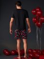 Men'S Love Heart Printed Short Sleeve T-Shirt And Shorts Homewear Set