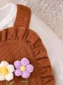 Baby Girl's Jumpsuit With Hood, Corduroy Embroidery, Three-dimensional Flowers