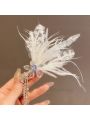 2pcs/set Bridal Wedding White Swan Feather Ballet Princess Hair Clip, Side Clip For Bridesmaid