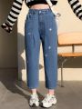 Teen Girls' Vintage College Style Cone Denim Jeans With Flower Embroidery, Washed, Loose Fit And Comfortable