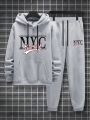Extended Sizes Men's Letter Print Drawstring Hooded Sweatshirt And Sweatpants Two-piece Set