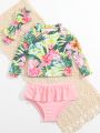 Baby Tropical Print Ruffle Trim Bikini Swimsuit & Headband