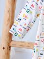 SHEIN Baby Boy Full Print Digital Letter Patterned Long Sleeve Jumpsuit With Footed Bottom And Front Zipper Home Clothes