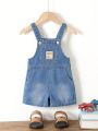 Baby Boys' Basic Casual Loose Fit Comfortable Denim Overalls With Patchwork Detail, Medium Blue Wash