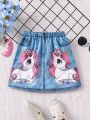 SHEIN Kids EVRYDAY Toddler Girls' Unicorn Pattern Denim Look Skirt For Summer, Cute And Versatile