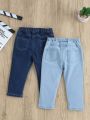 2pcs/set Basic Casual Elastic Waistband Buttoned Slim Fit Jeans For Baby Girls