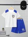 SHEIN Tween Boys' Sports Colorblock Round Neck Short Sleeve Printed T-Shirt And Shorts Set