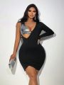SHEIN SXY Color Blocking Pu Leather Panel Cut Out Mini Dress