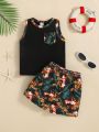 SHEIN Baby Boy Flower Pattern Colorblock Pocket Vest And Shorts 2pcs Outfit