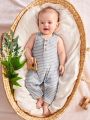 SHEIN Baby Boy Blue And White Striped Round Neck Sleeveless Jumpsuit