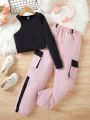 Tween Girls Solid Color Asymmetric Collar T-Shirt And Contrast Color Jogger Pants