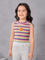 SHEIN Slim Fit Casual Striped Vest With Floral Velveteen Detail For Little Girls