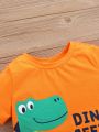 SHEIN Unisex Baby Boy's Cartoon Little Dinosaur Patterned Round Neck Short Sleeve Top And Casual Shorts 2pcs Outfits