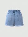 Teen Girls' Vintage College Wind Washed Light Blue Loose Fit Denim Shorts With Elastic Waistband And Cuffed Hem