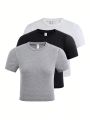 3pcs/Set Teen Girls' Casual Slim Fit Knit T-Shirt In Multiple Colors
