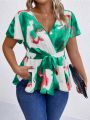 SHEIN Essnce Plus Graphic Print Belted Peplum Blouse