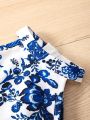 SHEIN Kids EVRYDAY Young Girl Blue & White Floral Print Style Halter Neck Vacation Dress For Summer