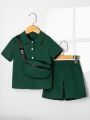 SHEIN Little Boys' Short Sleeve Shirt And Shorts With Matching Backpack Set