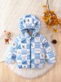 Baby Boy Letter Graphic 3D Ear Design Hooded Puffer Coat