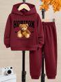 Toddler Boys' Casual Simple Cartoon Pattern Hooded Two Piece Outfit With Long Sleeves For Autumn/winter