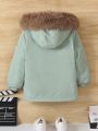 Young Boy Fuzzy Trim Teddy Lined Hooded Coat Without Sweater
