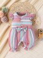 SHEIN Baby Girls' Striped Jumpsuit With Bow Knot On Flutter Sleeves, Suitable For Outdoor Activities
