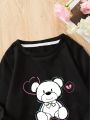 Young Girls' Cartoon Bear Print Round Neck Sweatshirt