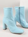 Faux Patent Leather Square Toe Zip Block Heel Boots